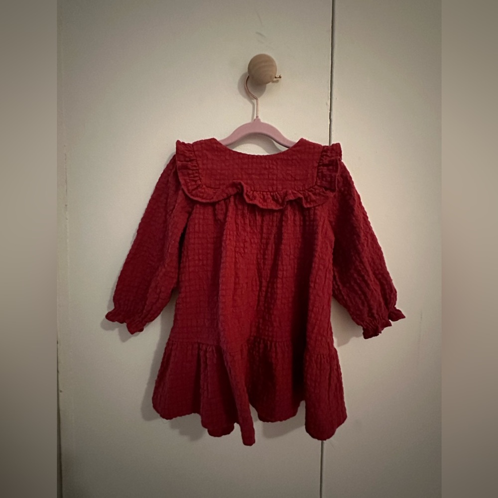Zara Kids Linen Burgundy Corduroy Ruffle Dress- 9-12 months
